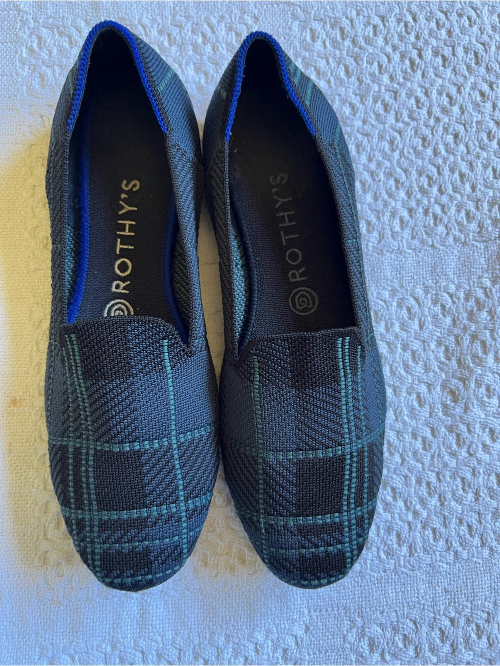 Rothy's Black and Teal Plaid Knit Slip-On Flats